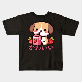 Kawaii Dog Drinking Strawberry Milk Kids T-Shirt